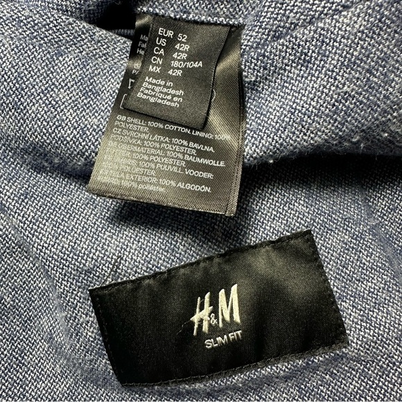 H&M Light Blue Blazer Jacket Size 42R Slim Fit Cotton Elbow Patch Sportcoat - Picture 8 of 11